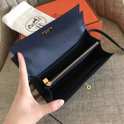 HERM Kelly Classic Long Wallet In Navy Epsom Leather