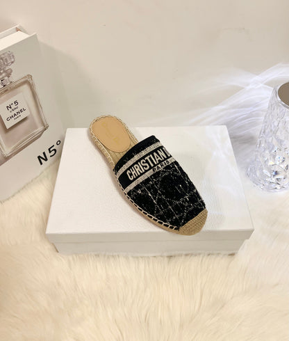 GRANVILLE ESPADRILLE BLACK OBLIQUE EMBROIDERED COTTON MULE