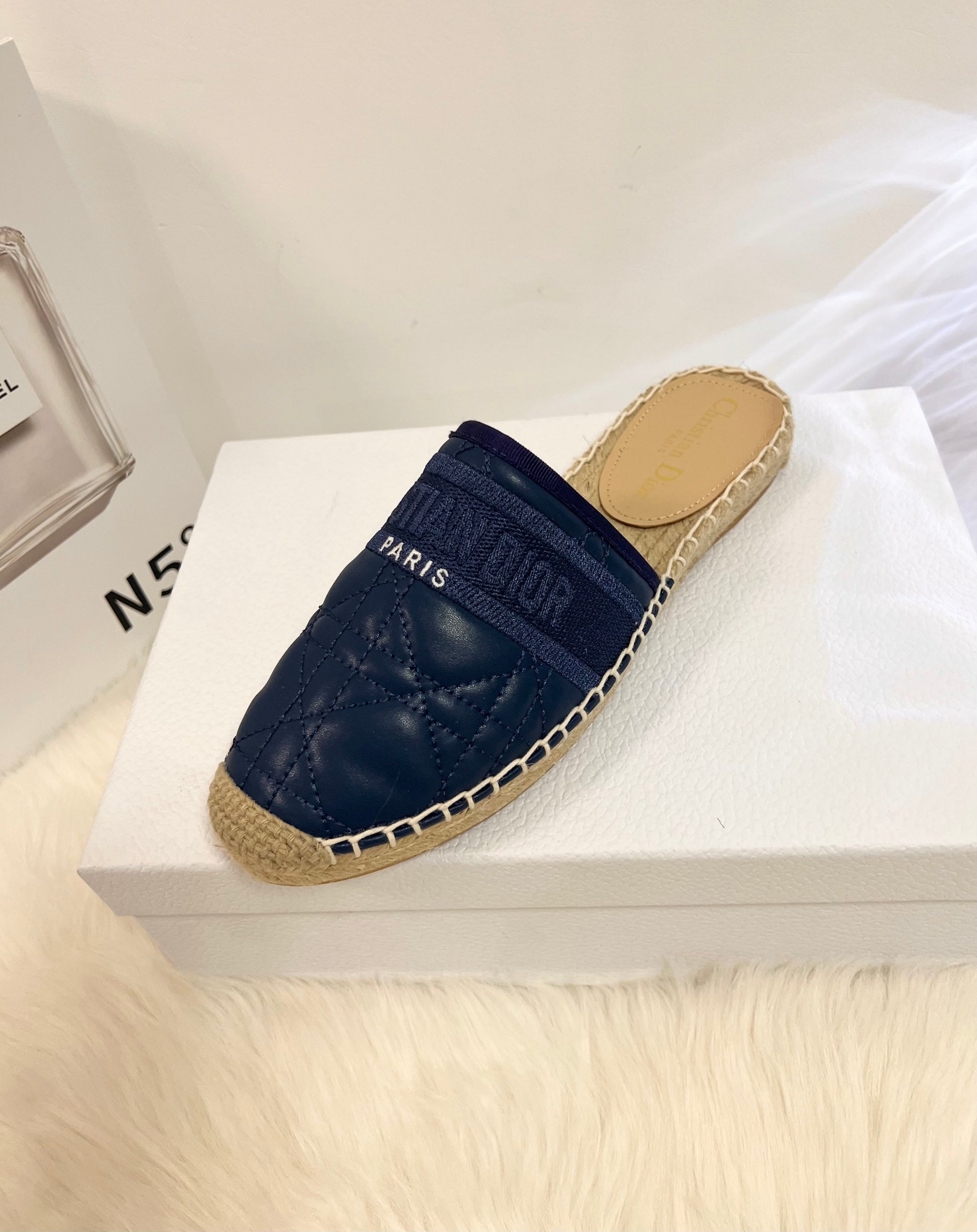 GRANVILLE ESPADRILLE MULE NAVY BLUE QUILTED CANNAGE CALFSKIN