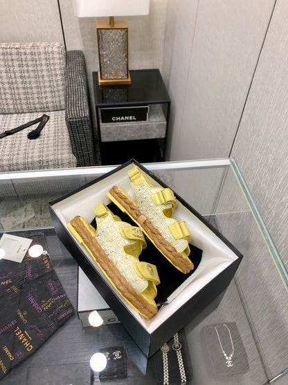 VELCRO SANDALS IN LIGHT YELLOW LAMBSKIN AND TWEED FABRIC