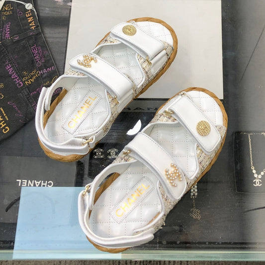 VELCRO SANDALS IN WHITE LAMBSKIN AND TWEED FABRIC