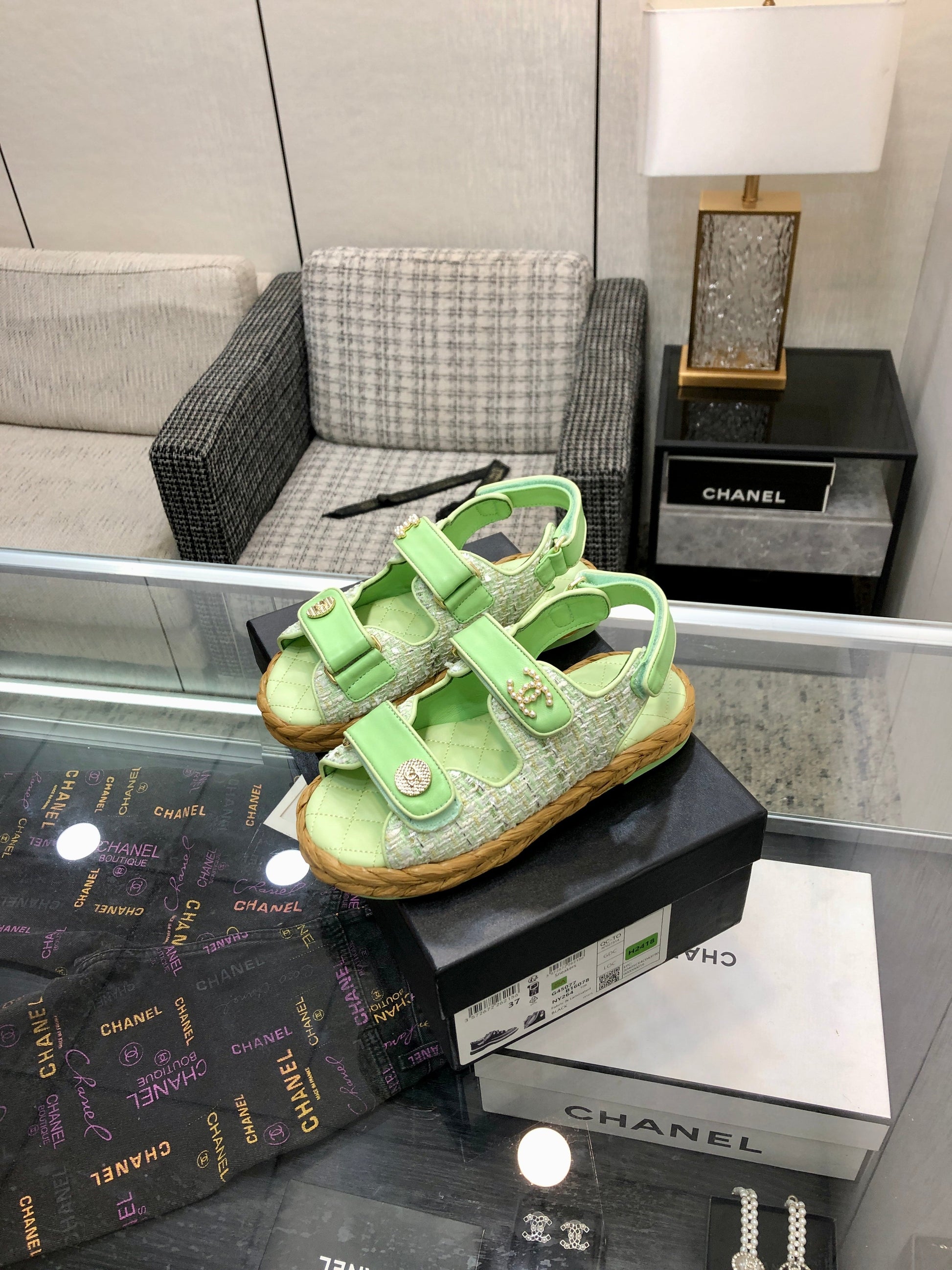 VELCRO SANDALS IN GREEN PASTEL LAMBSKIN AND TWEED FABRIC
