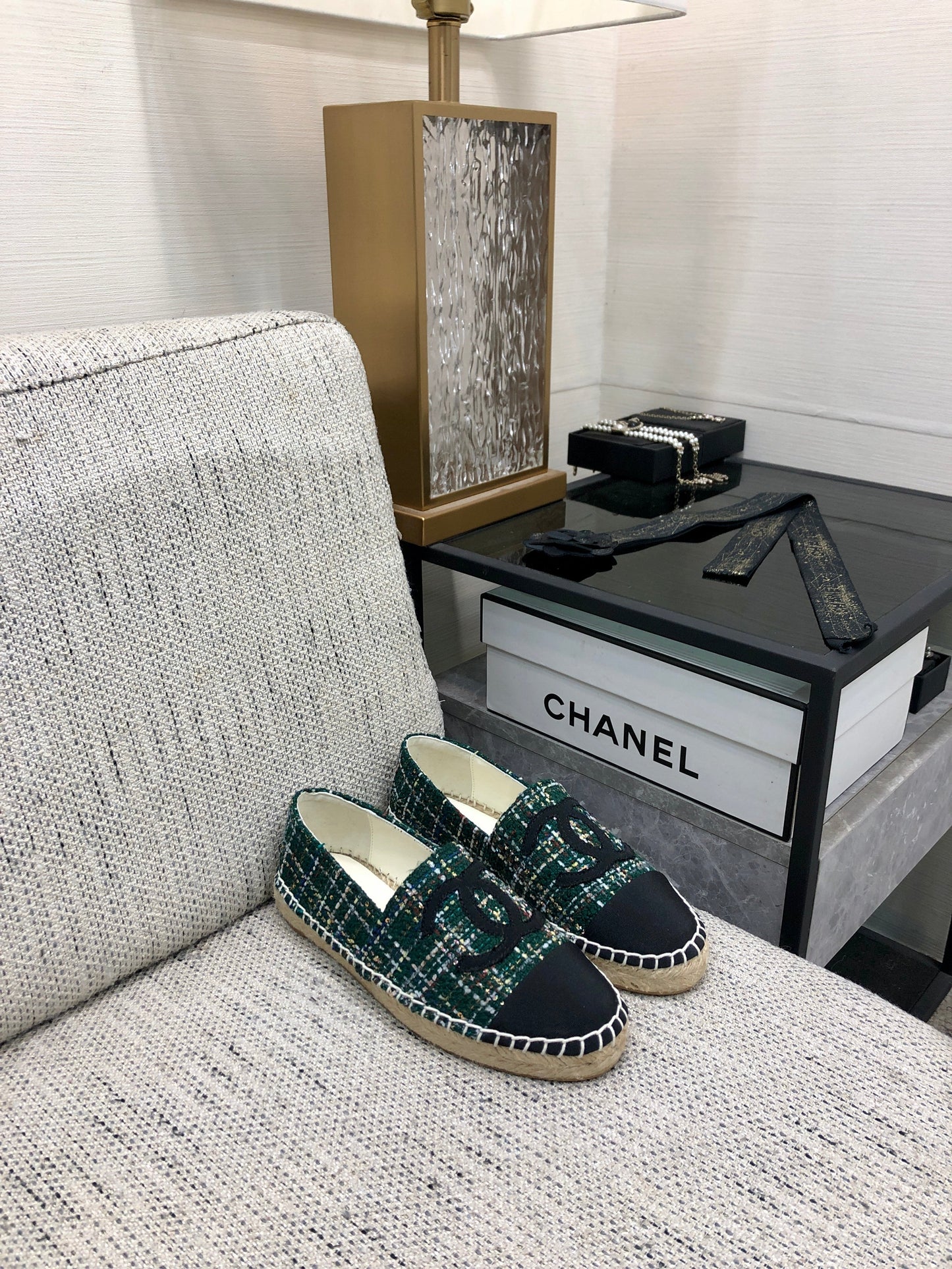 ESPADRILLE FOREST GREEN TWEED FABRIC AND BLACK CALFSKIN FLATS