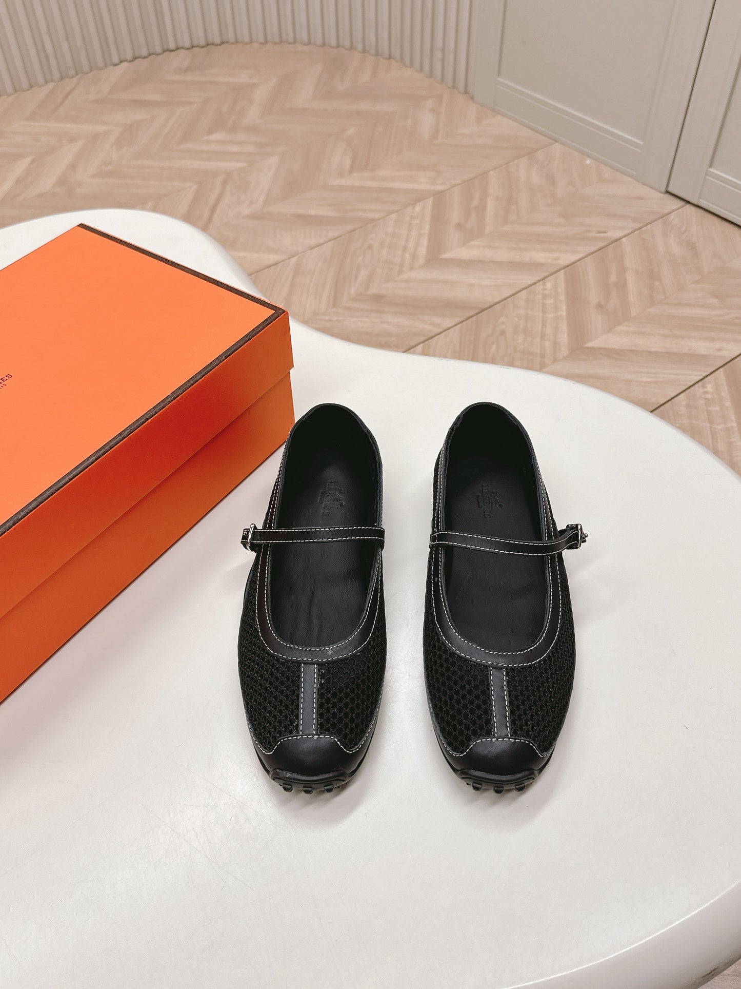 KICHU BALLET FLAT IN BLACK CROCHET KNIT AND CALFSKIN
