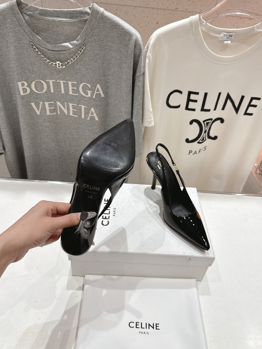 JUDY TRIOMPHE STILETTO SLINGBACK 75MM IN BLACK PATENT CALFSKIN