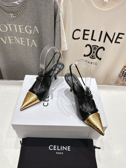 JUDY DOUBLE STRAP MARY JANE SLINGBACK 65MM IN BLACK SHINY CALFSKIN AND GOLD SNAKE EMBOSSED LEATHER