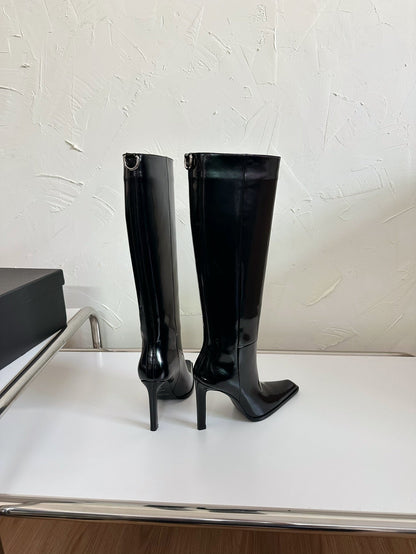HIGH HEEL KNEE BOOTS IN BLACK SHINY CALFSKIN