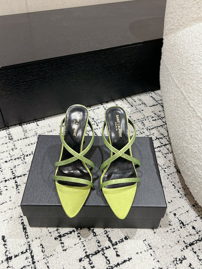HIGH CRYSTAL STRAP SANDALS IN PEAR GREEN SILK