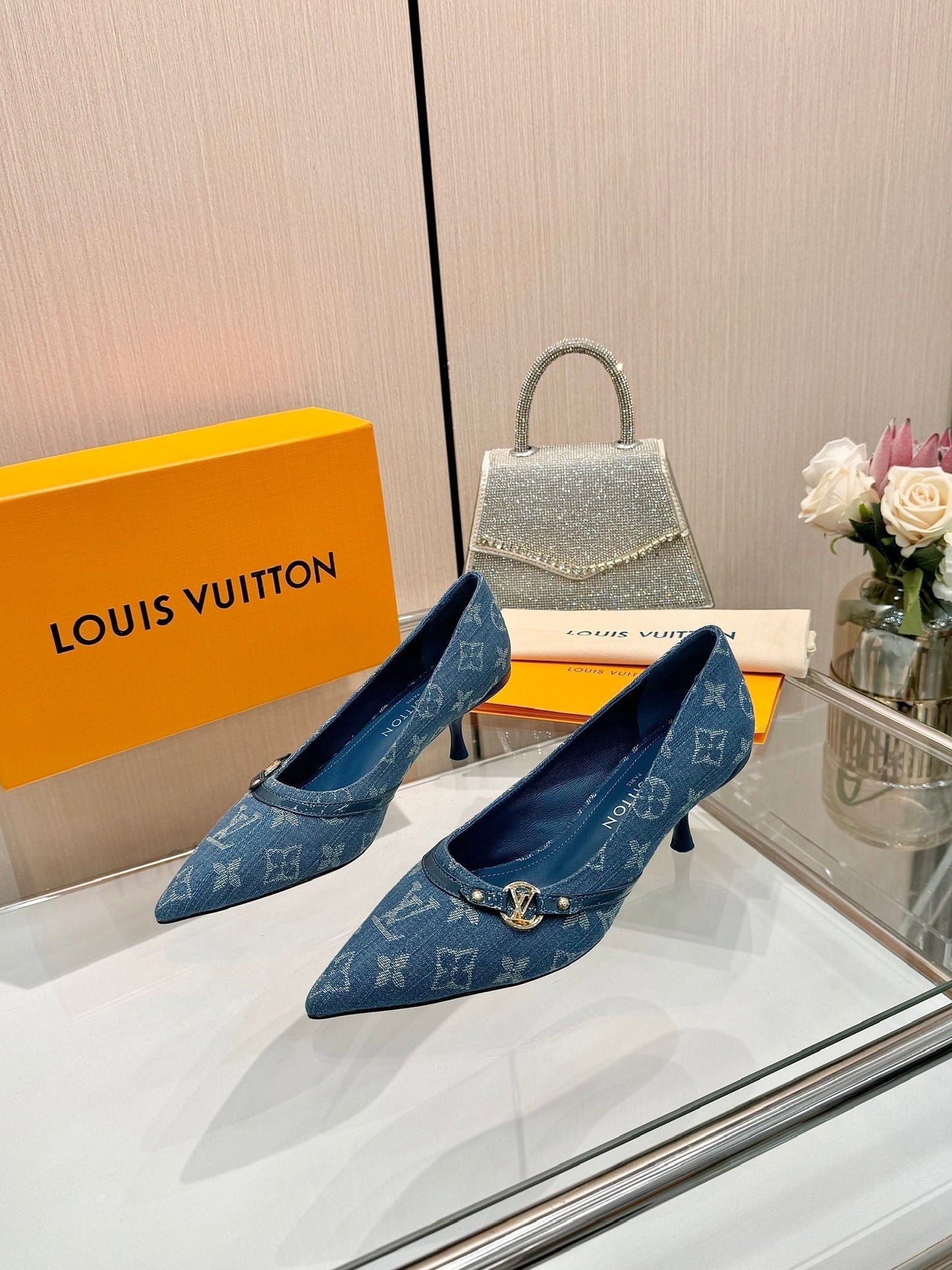 6AM HIGH HEELS 55 MM IN CLASSIC BLUE MONOGRAM DENIM