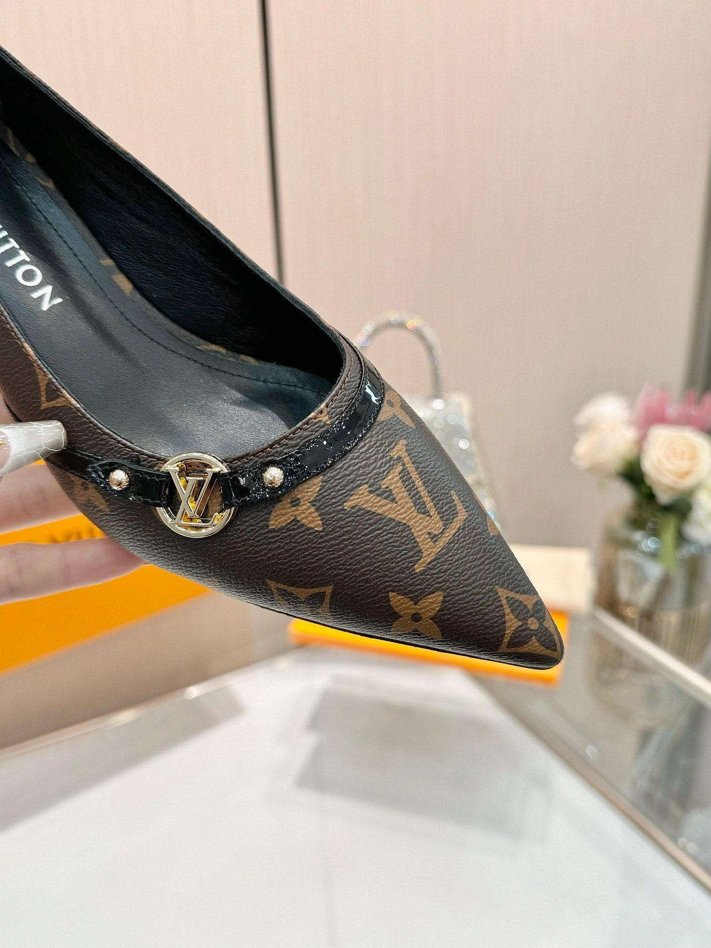 6AM HIGH HEELS 55 MM IN CHOCOLATE BROWN MONOGRAM LAMBSKIN