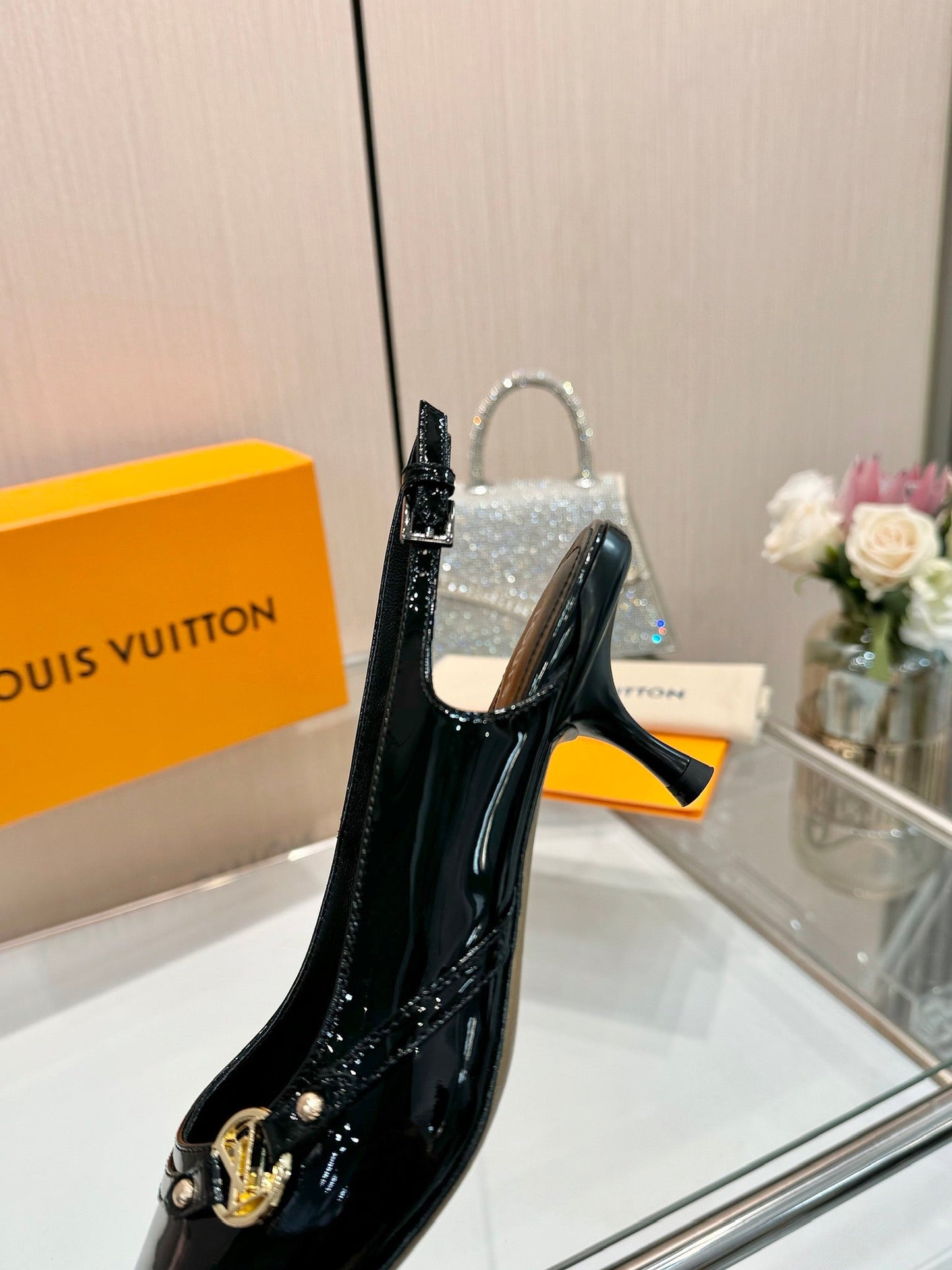 6AM SLINGBACK HIGH HEELS 55 MM IN BLACK PATENT LAMBSKIN