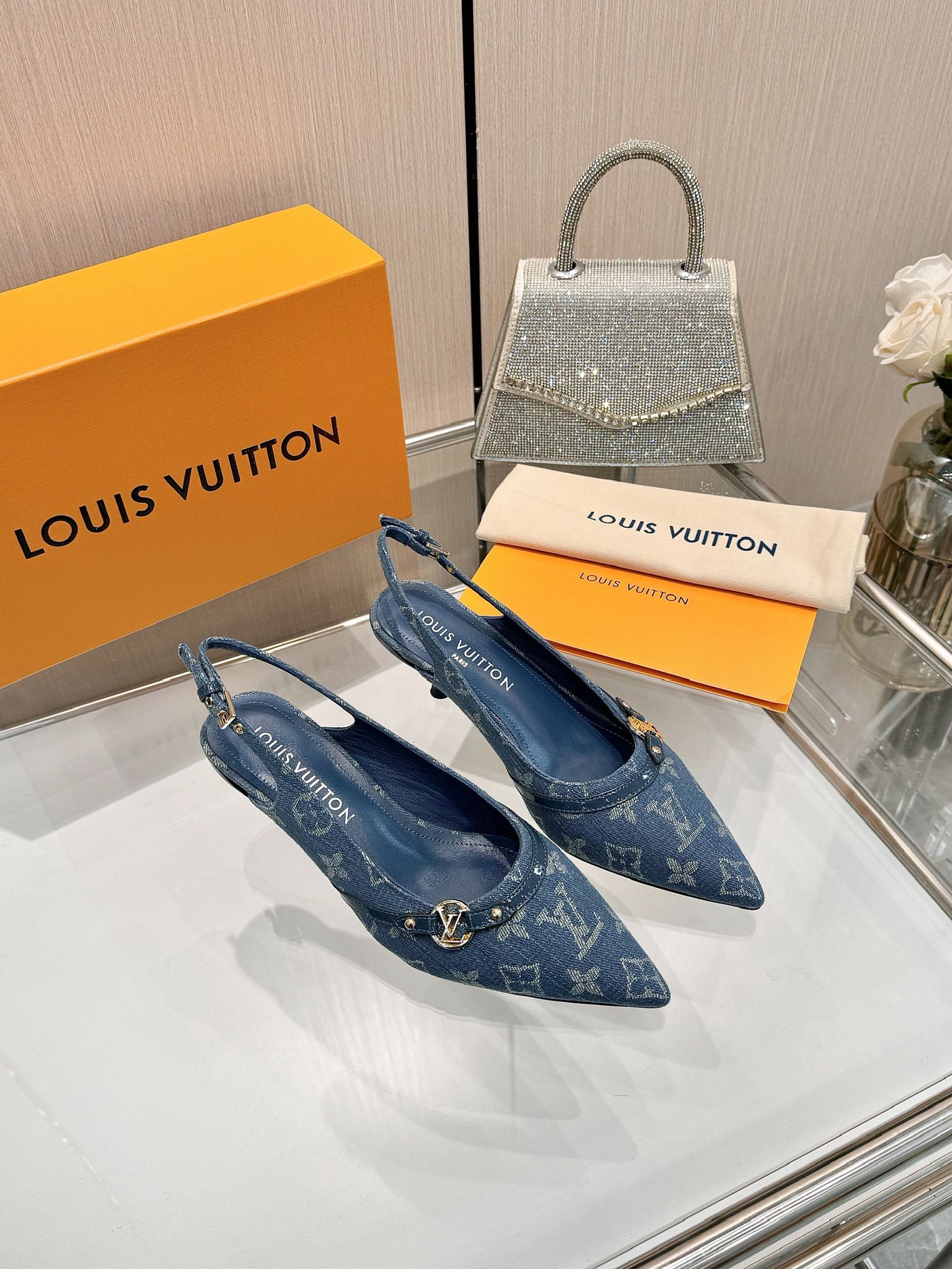 6AM SLINGBACK HIGH HEELS 55 MM IN CLASSIC BLUE MONOGRAM DENIM