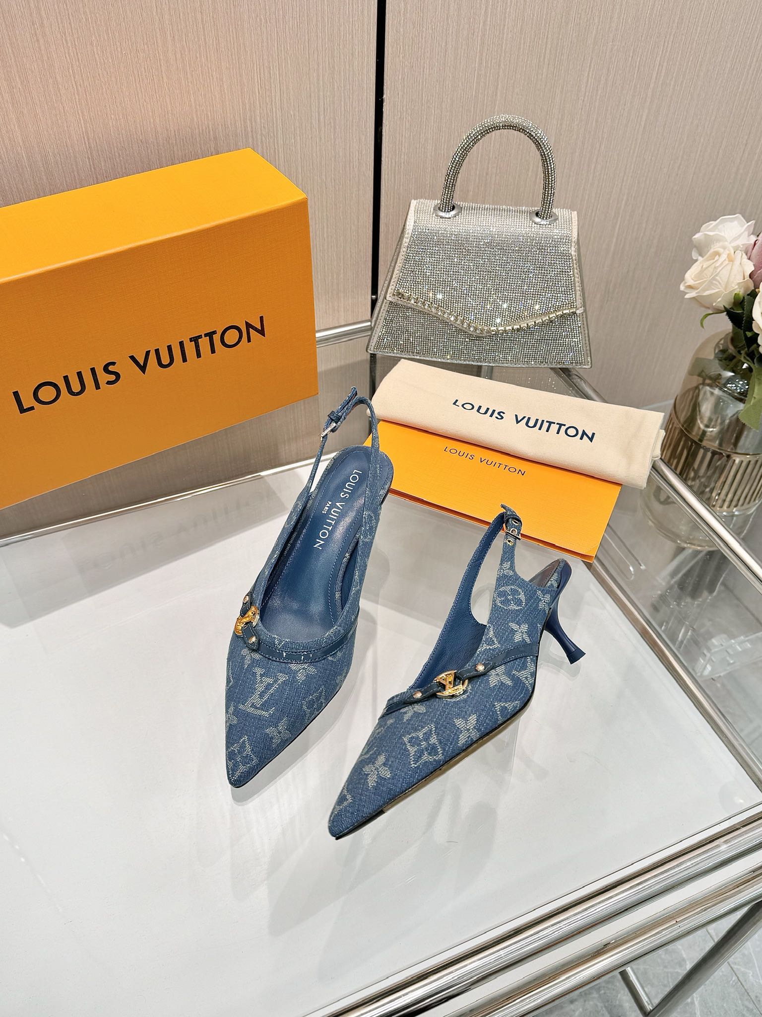 6AM SLINGBACK HIGH HEELS 55 MM IN CLASSIC BLUE MONOGRAM DENIM