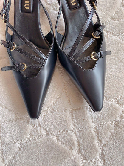 Slingback Black Leather With Stylized Cross Straps - Mid Heels