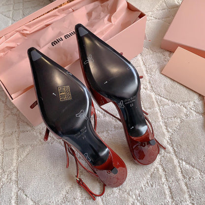 Slingback Ruby Leather With Stylized Cross Straps - Mid Heels