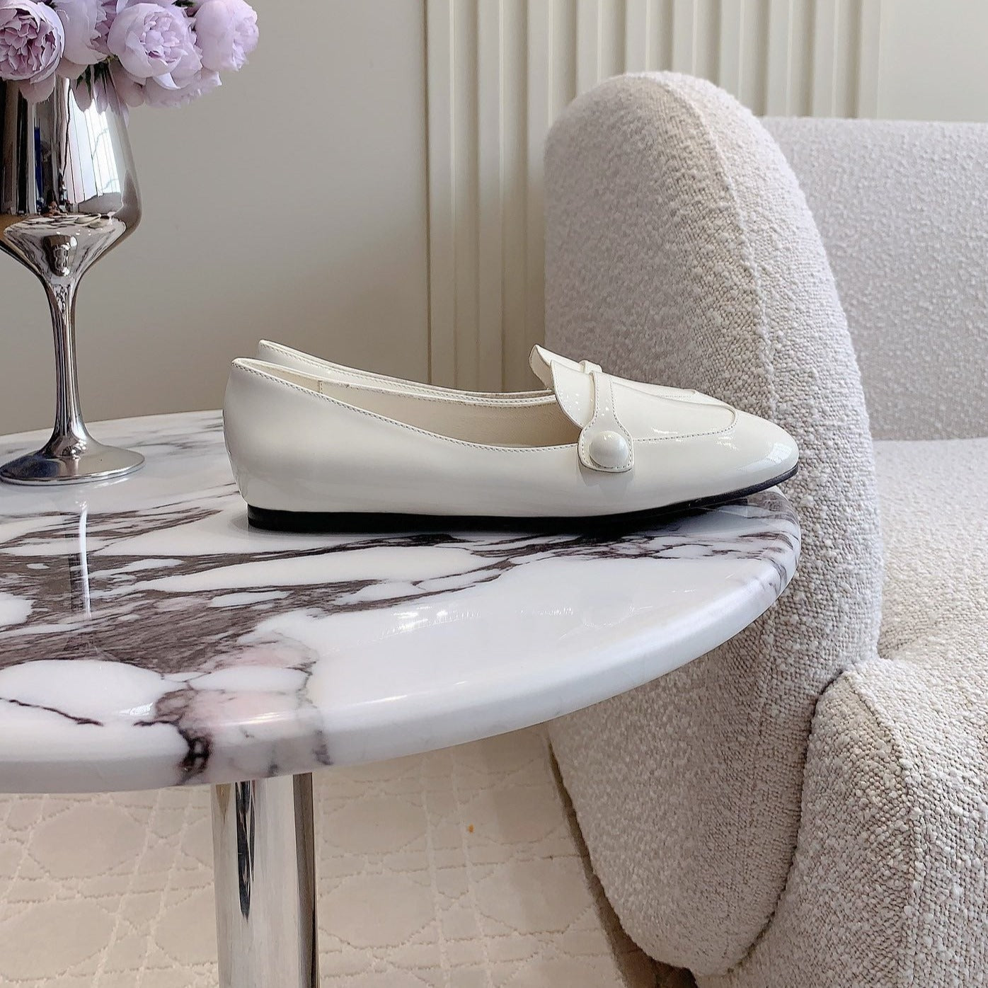 Floral White Loafer Shoes Sheepskin