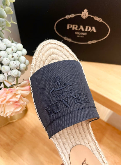 PRA CROCHET SLIPPERS NAVY LINEN FABRIC