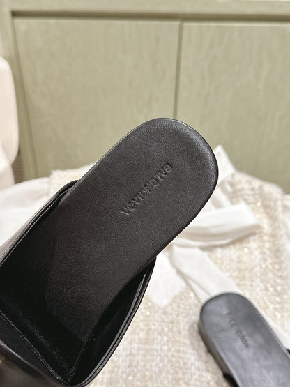 BLACK SHINY LAMBSKIN SQUARE TOE FLAT MULES GOLD BUCKLE