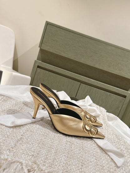 POINTED BB GOLD BUCKLE HIGH MULES IN GOLD METALLIC CALFSKIN
