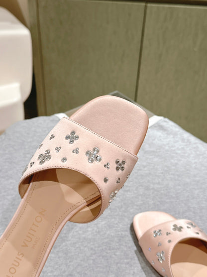LV WOMEN FLAT MULE IN ALMOND BEIGE SATIN WITH RHINESTONE