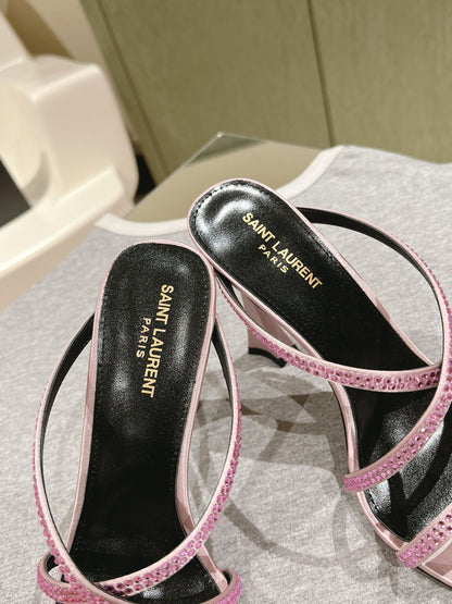HIGH HEEL MULE 10 CM IN BABY PINK SATIN WITH RHINESTONES