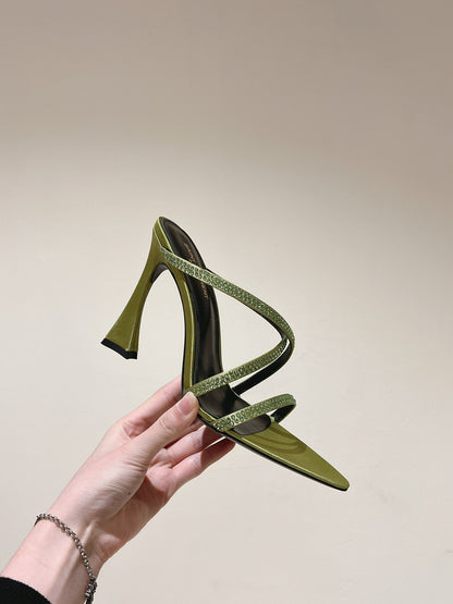 HIGH HEEL MULE 10 CM IN OLIVE GREEN SATIN WITH RHINESTONES