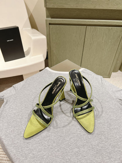 HIGH HEEL MULE 10 CM IN OLIVE GREEN SATIN WITH RHINESTONES