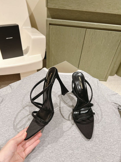 HIGH HEEL MULE 10 CM IN BLACK SATIN WITH RHINESTONES