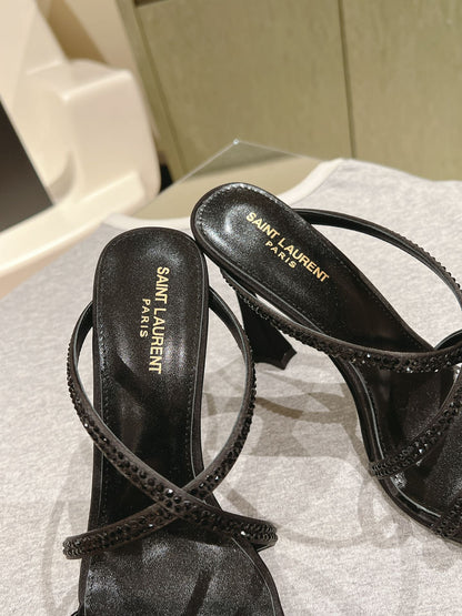 HIGH HEEL MULE 10 CM IN BLACK SATIN WITH RHINESTONES