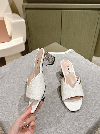 JEWELLED HEEL 55 MULE SANDALS IN WHITE CALFSKIN