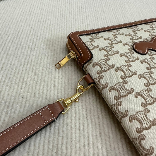 SMALL POUCH 25 IN BEIGE TRIOMPHE TEXTILE AND BROWN CALFSKIN