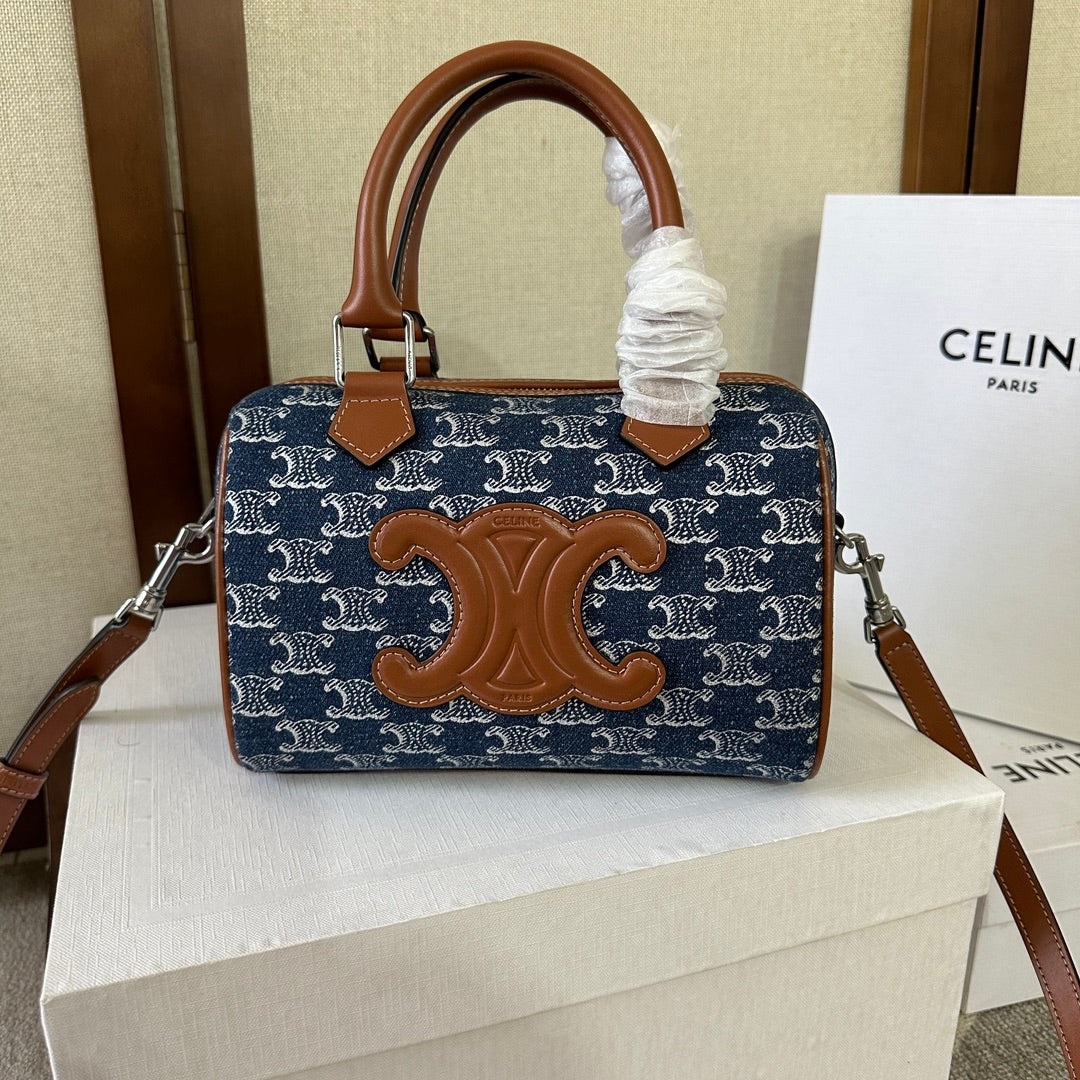 SMALL BOSTON 19 IN SPACE BLUE TRIOMPHE DENIM AND BROWN CALFSKIN TRIM