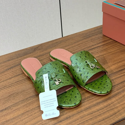 FLAT SLIPPERS IN DARK GREEN LAMBSKIN OSTRICH SKIN