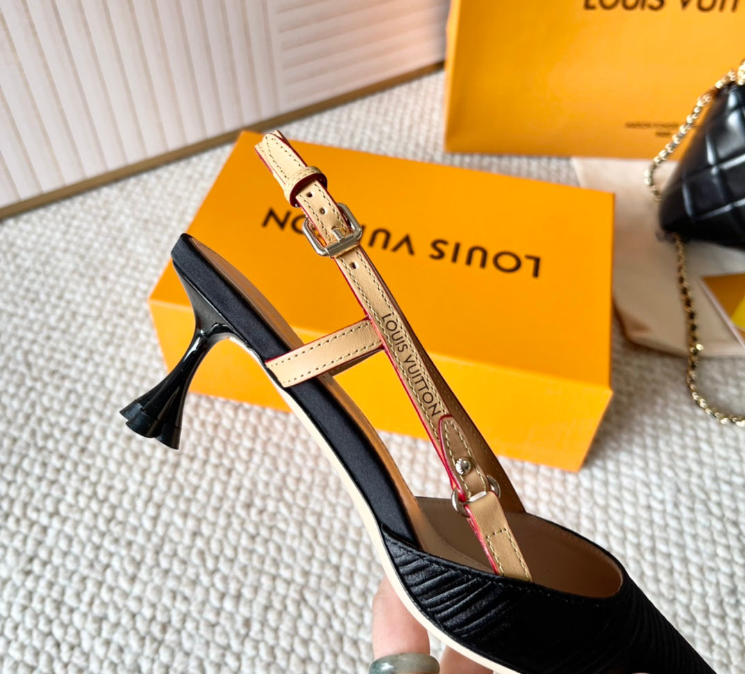 BLOSSOM PUMP SLINGBACKS 55 MM IN BLACK IMPORTED STRIPED SILK SATIN