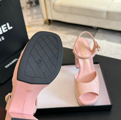 HIGH HEEL PLATFORM SANDALS IN PEACH PINK CALFSKIN