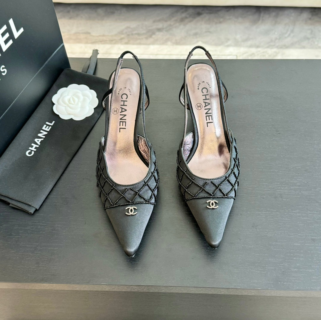 POINTED SLINGBACK MID HEELS BLACK LAMBSKIN