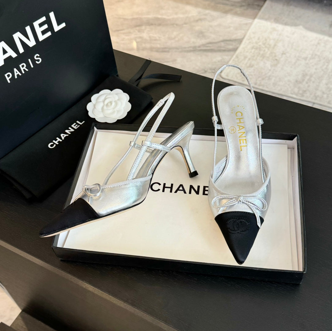 SLINGBACK WITH BOW IN SILVER MIX BLACK LAMBSKIN