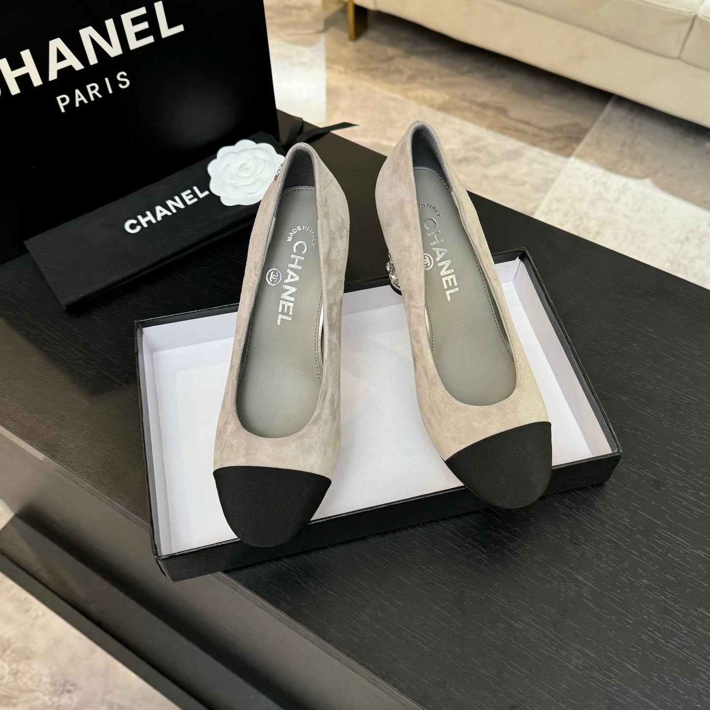 HIGH HEEL 85 MM SANDALS IN PALE GRAY SUEDE AND BLACK FABRIC