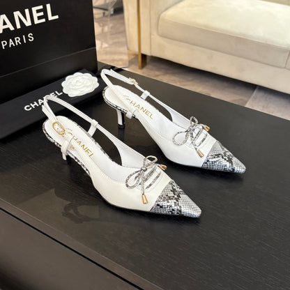 HIGH HEEL SLINGBACKS 65 MM IN WHITE WITH SNAKESKIN PATTERN LAMBSKIN