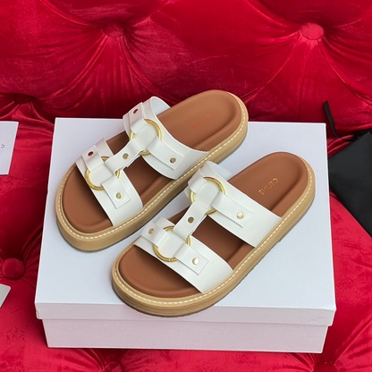 Sandal Flat White Brown Canvas