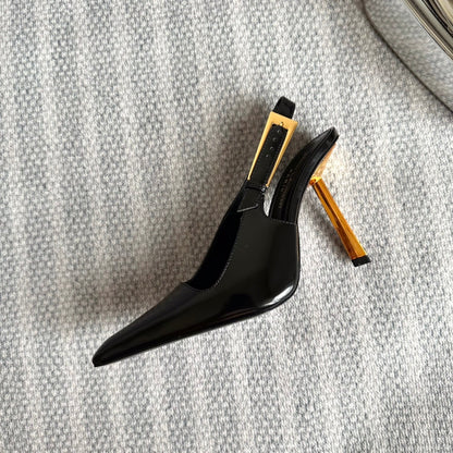 LEE SLINGBACK PUMPS 105 IN BLACK PATENT LEATHER GOLD HEEL