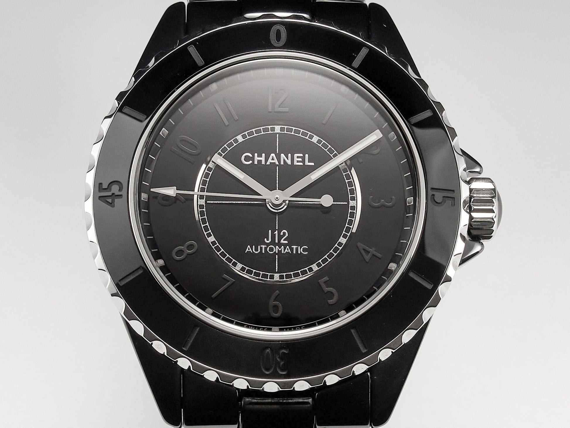 J12 Automatic Black Ceramic Black Numerals Black Dial White Steel Hands