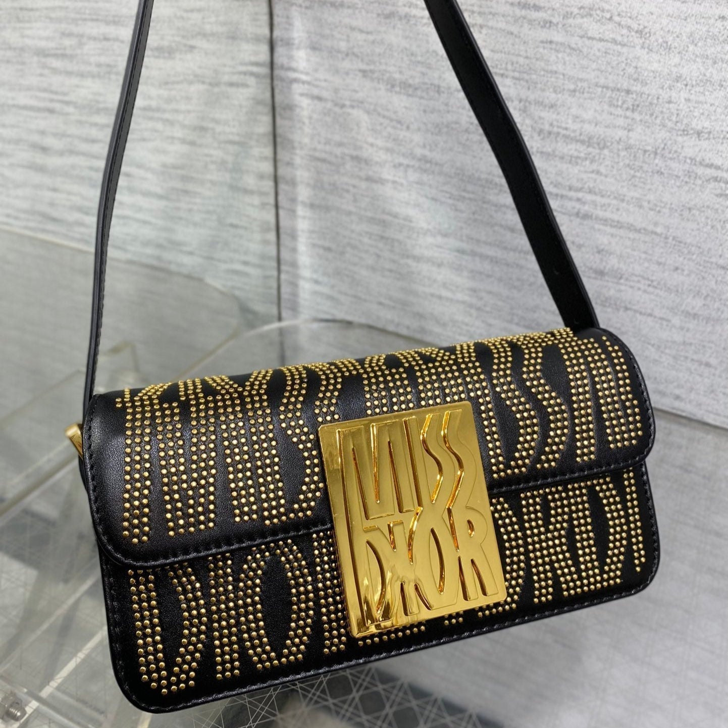 MINI FLAP BAG 18 IN BLACK LAMBSKIN WITH GOLD RHINSTONES