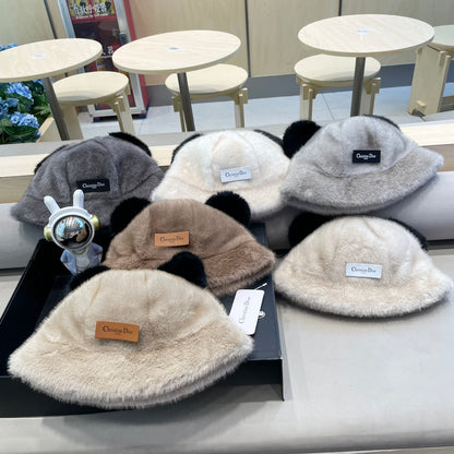 BUCKET HAT WITH CUTE BEAR EARS IN RHINO GRAY RABBIT FUR 434967