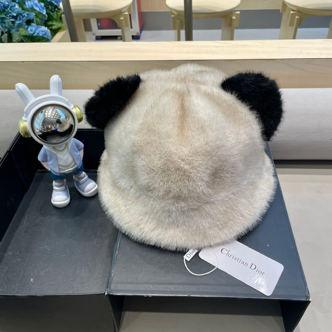 BUCKET HAT WITH CUTE BEAR EARS IN BEIGE RABBIT FUR 434968