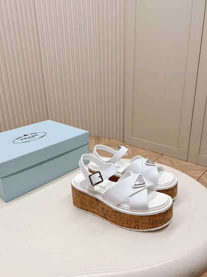 PRA WEDGE PLATFORM SANDALS WHITE CALFSKIN