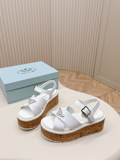 PRA WEDGE PLATFORM SANDALS WHITE CALFSKIN