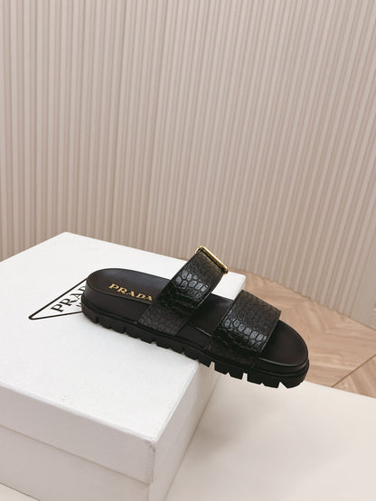 PRA CROCODILE MOTIF SLIDES SANDALS BLACK CALFSKIN