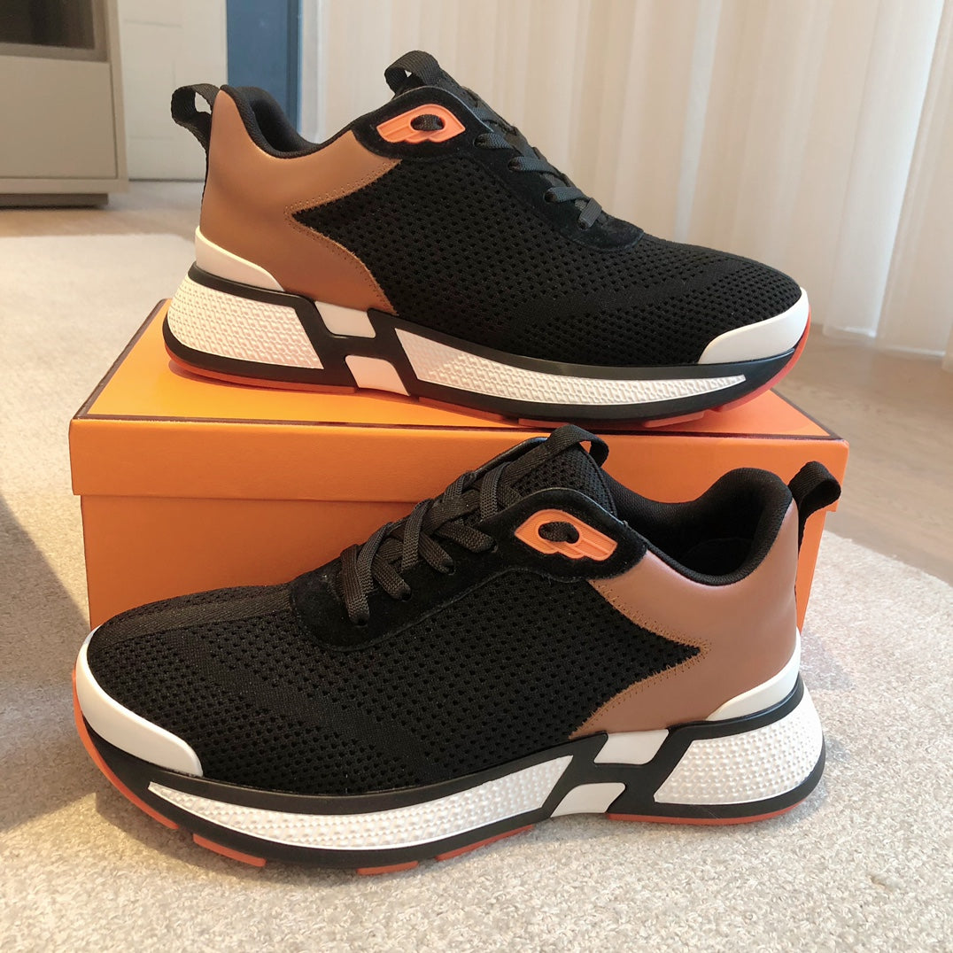 HEROS SNEAKER IN BLACK BREATHABLE MESH FABRIC AND BRONZE BROWN CALFSKIN