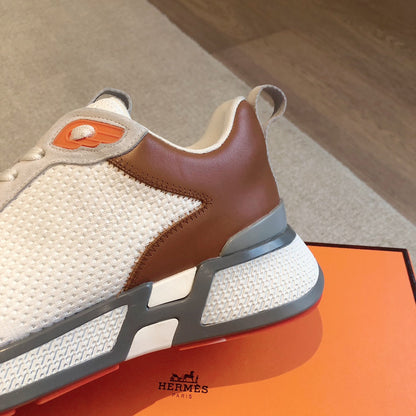 HEROS SNEAKER IN WHITE BREATHABLE MESH FABRIC AND BROWN CALFSKIN